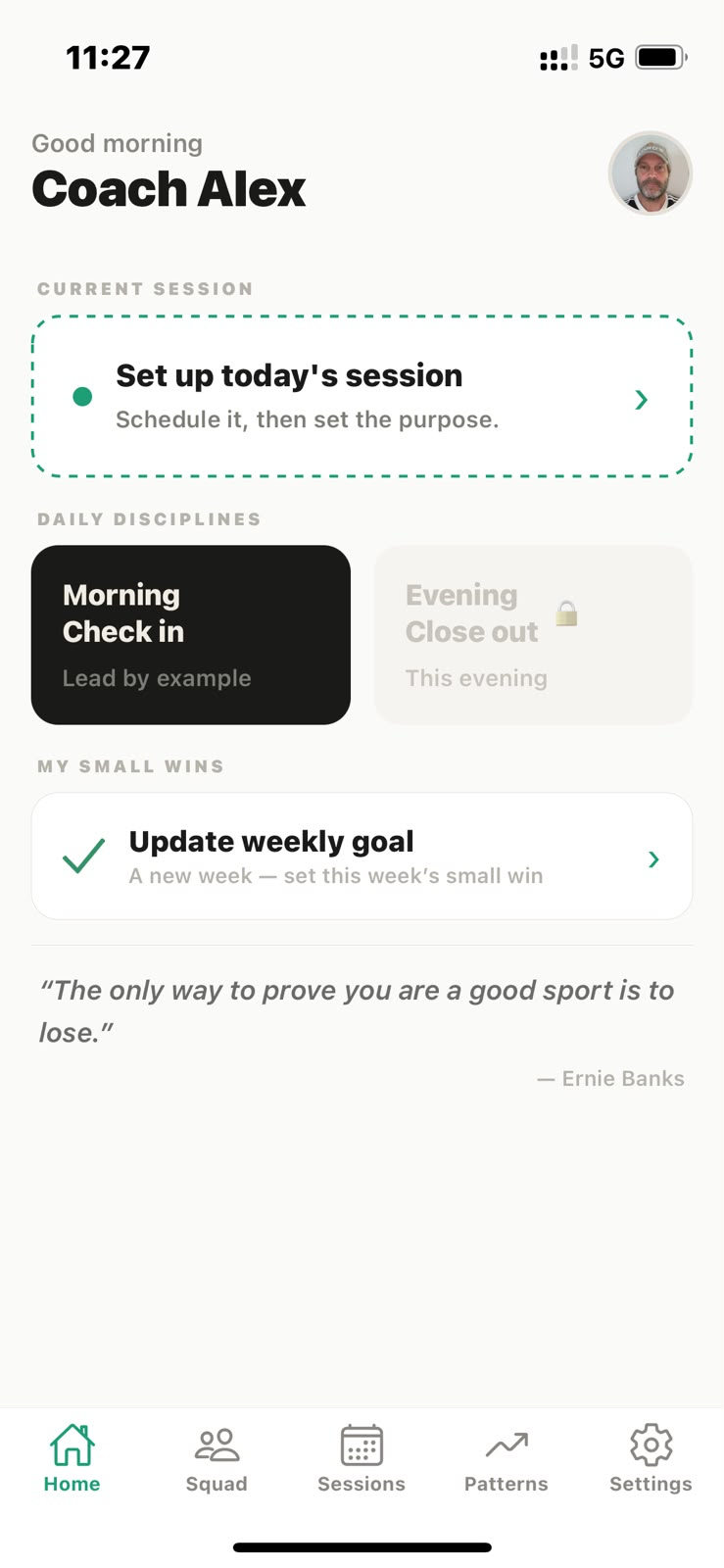 PulseScore coach dashboard: current session, daily disciplines and weekly small win